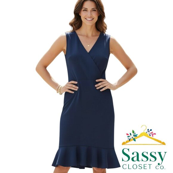 Talbots Navy Blue Sleeveless Cotton Sheath Midi V Neck Dress Size S MSRP $149 - Picture 1 of 3